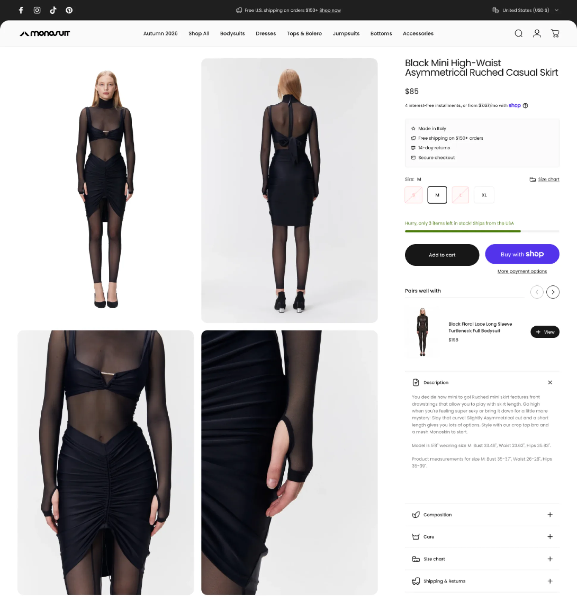 Страница магазина MONOSUIT на Shopify